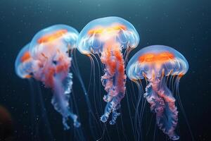 ai gerado luminescente medusa graciosamente à deriva dentro a profundo azul oceano às crepúsculo foto