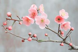 ai gerado vibrante Rosa cereja flores dentro cheio flor debaixo suave Primavera luz foto