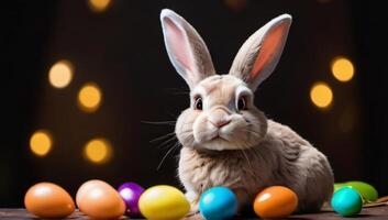 ai gerado foto do Páscoa Coelho com chocolate ovos dentro uma misterioso Husa. ai gerado