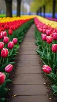 ai gerado foto do uma caminho cercado de colorida tulipas. ai gerado