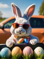 ai gerado foto do fofa Páscoa Coelho com oculos de sol olhando Fora do uma carro arquivado com Páscoa ovos. ai gerado