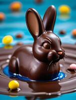 ai gerado foto do coberto de chocolate Páscoa Coelho natação dentro uma piscina do chocolate. ai gerado
