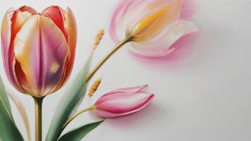 ai gerado foto do abstrato floral óleo pintura ouro e Rosa tulipa em branco fundo. ai gerado