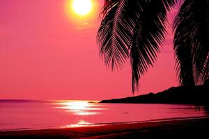 bela praia tropical do sol com palmeira e céu rosa para viagens e férias no tempo de relaxamento de férias foto