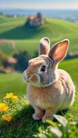 ai gerado foto do fofa Páscoa Coelho Coelho e ovo dentro Colina com verde Campos e colorida flor em uma brilhante dia. ai gerado