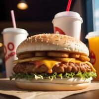 velozes Comida hambúrguer, fritas e beber foto