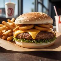 velozes Comida hambúrguer, fritas e beber foto