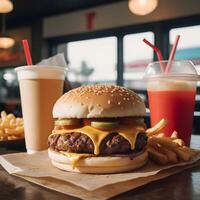 velozes Comida hambúrguer, fritas e beber foto