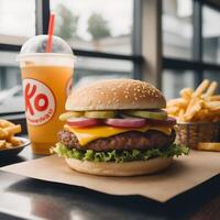 velozes Comida hambúrguer, fritas e beber foto