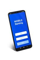 Smartphone com a inscrição para usava pessoal nome do usuário e senha para conta Móvel bancário foto