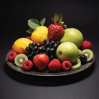 ai gerado fresco frutas em uma prato Preto fundo foto