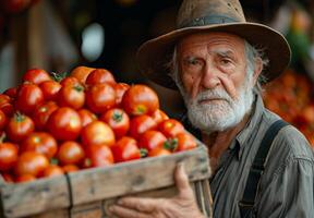 ai gerado Senior agricultor vendendo tomates às a local mercado foto