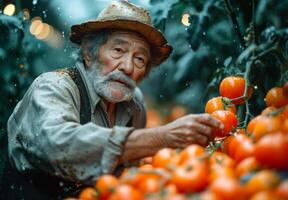 ai gerado a velho homem dentro a orgânico estufa colheita tomates. a idosos homem cuidadosamente picaretas maduro tomates a partir de uma árvore com dele mãos. foto