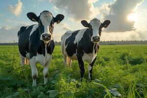 ai gerado dois vacas em pé dentro campo foto