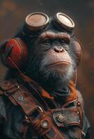 ai gerado retrato do chimpanzé vestido dentro vintage aviador Jaqueta e fones de ouvido parece para dentro a distância. foto