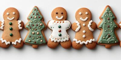 ai gerado Natal Pão de gengibre biscoitos em uma Claro fundo. uma variedade do belas decorado biscoitos sentado Próximo para cada outro, exibindo seus único desenhos e cores. foto