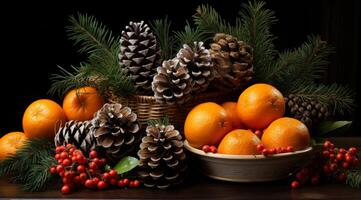 ai gerado tangerinas pinho cones e galhos do Natal árvore em Sombrio de madeira mesa foto