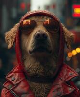 ai gerado cachorro dentro vermelho couro Jaqueta e oculos escuros. cachorro dentro mascarar e oculos de sol levando uma fumaça foto