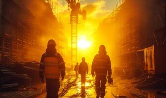 ai gerado três trabalhadores estão caminhando dentro construção local às pôr do sol foto