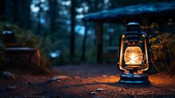 ai gerado uma acampamento com uma tremeluzente lanterna às noite foto