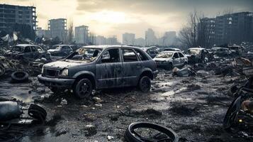 ai gerado abandonado carros e pneus dentro poluído ferro-velho foto