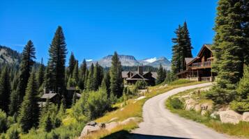 ai gerado uma estrada conduzindo para uma aconchegante, montanha cabine foto