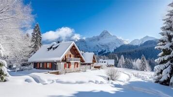 ai gerado montanha chalé pensão com neve coberto picos para uma acolhedor inverno experiência foto