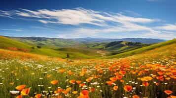 ai gerado rolando colinas coberto dentro vibrante, florescendo flores silvestres foto