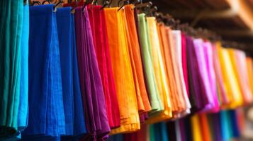ai gerado cor de arco-íris tecidos suspensão dentro uma mercado foto