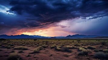 ai gerado tormentoso e temperamental deserto panorama dentro crepúsculo foto