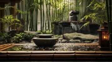 ai gerado uma zen jardim com uma calmante bambu água fonte foto