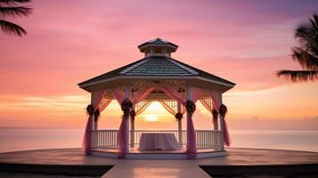 ai gerado beira-mar gazebo Casamento às pôr do sol foto