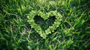 ai gerado folhas formando uma coração forma em Relva foto
