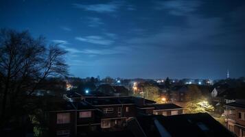 ai gerado paisagem urbana às noite a partir de uma telhado foto