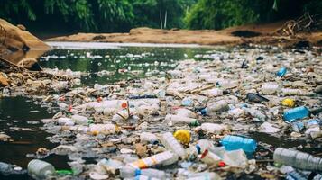 ai gerado plástico poluição dentro rio com poluído águas foto