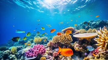 ai gerado embaixo da agua Visão do uma coral recife com tropical peixe foto