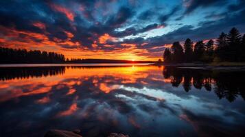 ai gerado uma dramático nascer do sol sobre uma calma lago foto