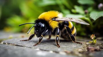 ai gerado uma fechar-se do uma abelha colecionar pólen foto