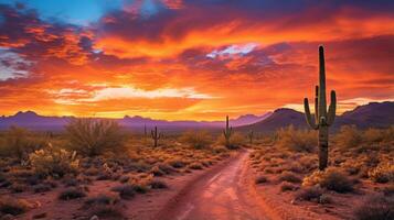 ai gerado deserto panorama incandescente com a cores do uma deslumbrante pôr do sol foto