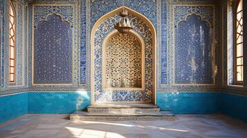 ai gerado uma belas decorado mihrab oração nicho dentro uma mesquita foto