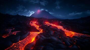 ai gerado brilhando lava fluxos dentro uma vulcânico erupção às noite foto