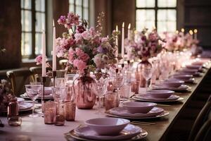 ai gerado lindo flores decorado em a mesa conjunto para a evento festa ou Casamento celebração foto