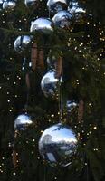 uma árvore com muitos brilhante bolas suspensão a partir de isto foto