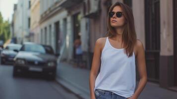 ai gerado atraente jovem mulher vestindo em branco esvaziar branco tanque topo brincar para Projeto modelo dentro a cidade rua foto