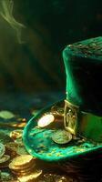 pilha do ouro moedas e verde patricks chapéu em de madeira mesa foto