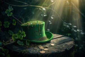 ai gerado verde Leprechauns chapéu em madeira mesa dentro Sombrio tons foto