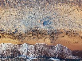 menina e cachorro na praia ao pôr do sol, vistas aéreas foto