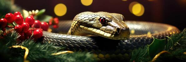 ai gerado Novo ano bandeira com serpente em Natal fundo com bokeh efeito foto