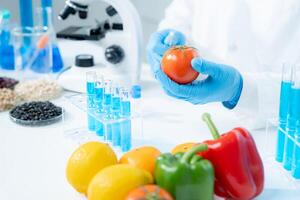 cientista verifica resíduos de alimentos químicos em laboratório. especialistas em controle inspecionam a qualidade de frutas, vegetais. laboratório, perigos, rohs, encontrar substâncias proibidas, contaminar, microscópio, microbiologista foto