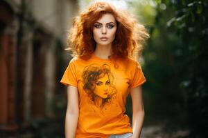 ai gerado vibrante laranja camisa mulher retrato. gerar ai foto